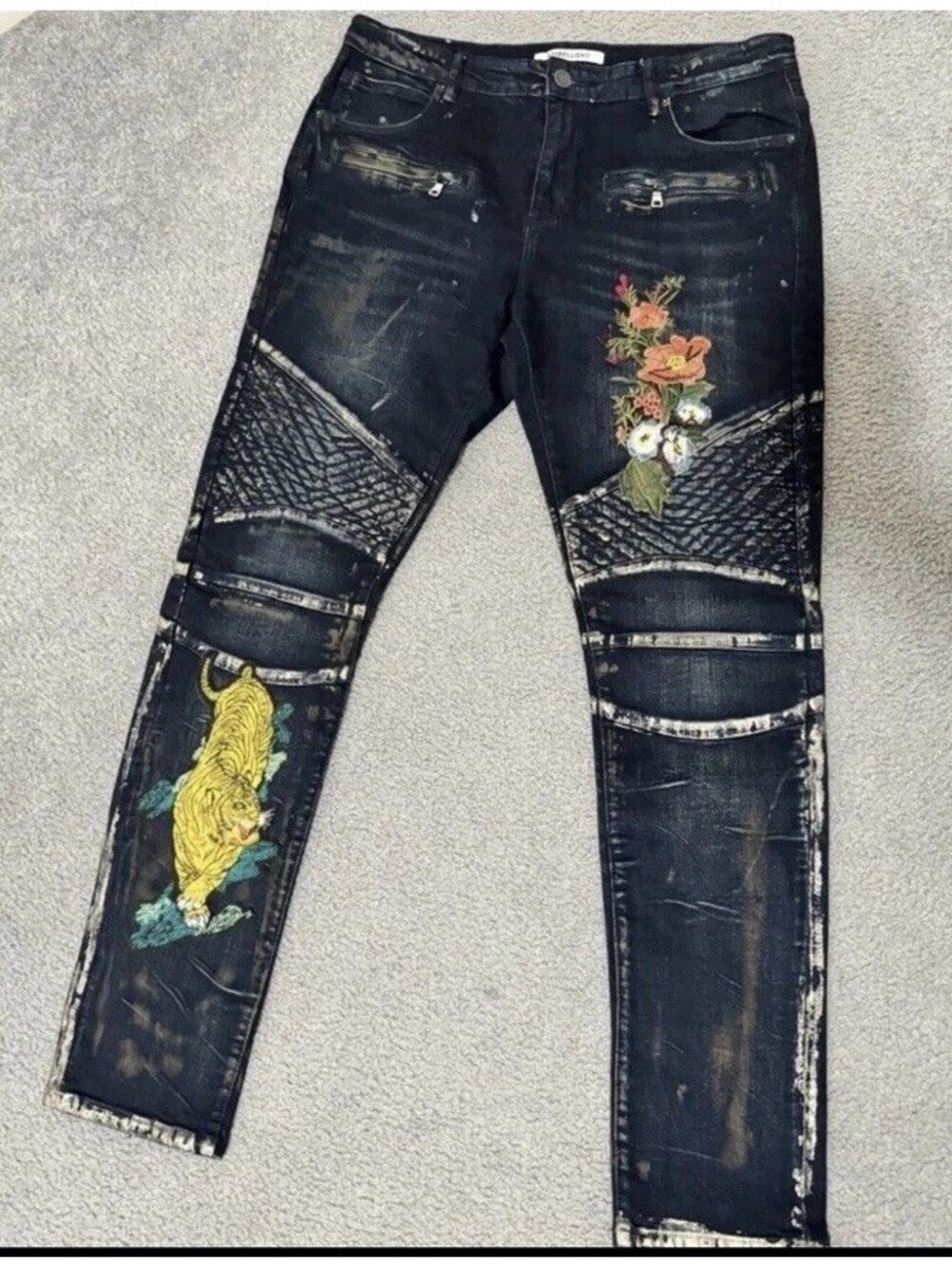 Embellish Castellano Quilted Biker Denim JeansPants Flowers Panther size 38